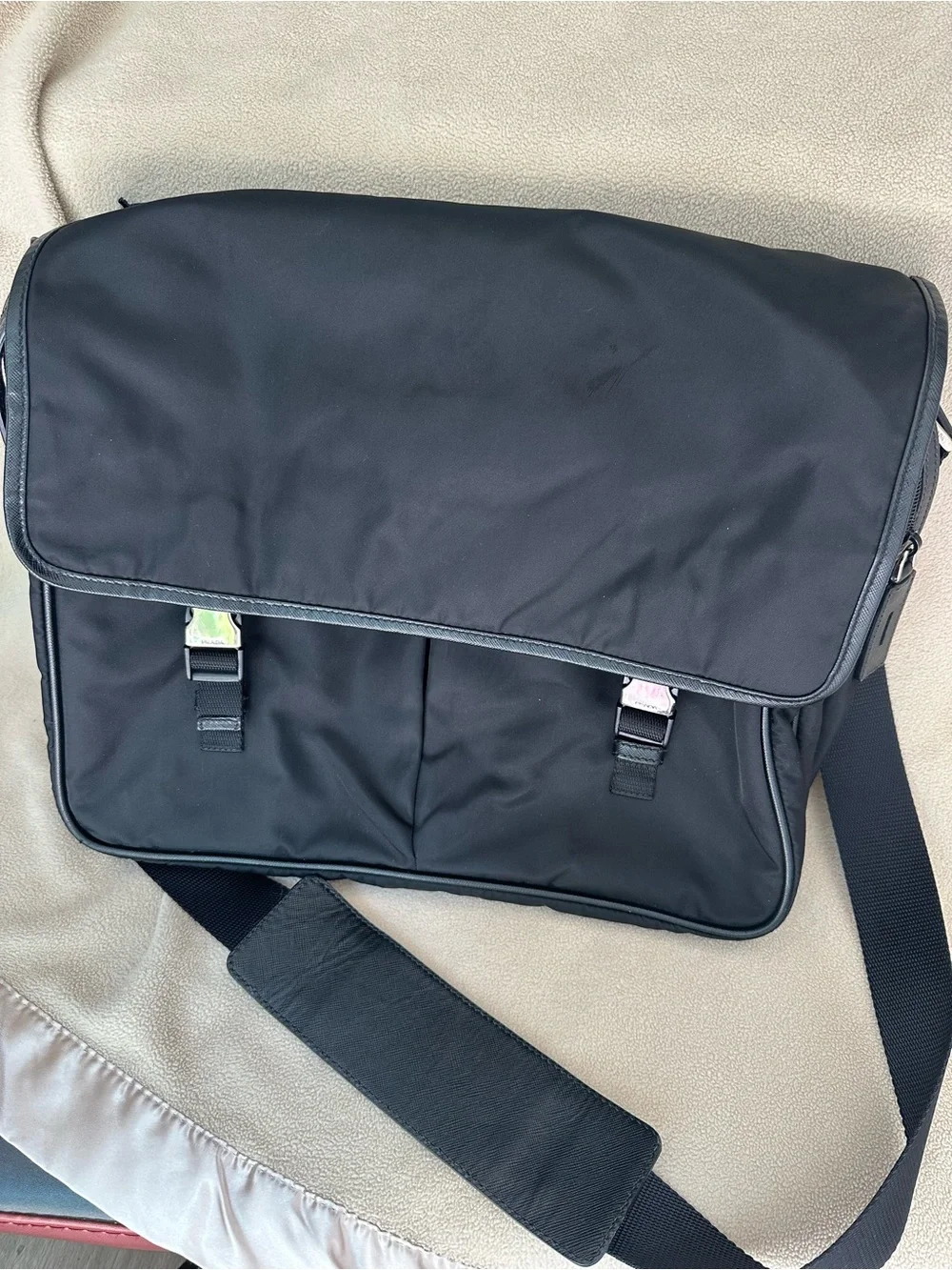 Prada Tessuto Nylon Messenger Laptop Bag unisex crossbody black silver buckle